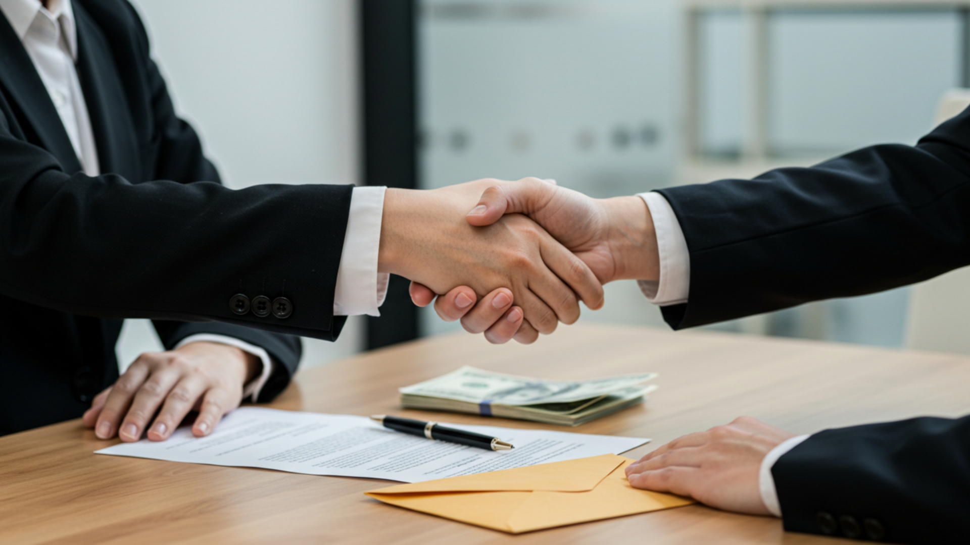 Two business partners shaking hands over a contract at the negotiation table